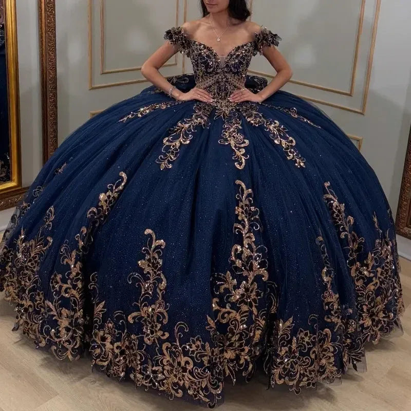 Glittering Navy Blue Quinceanera Dresses With Bow Golden Lace Appliques Vestidos De 15 Anos Birthday Party Princess Off-Shoulder - Luvia