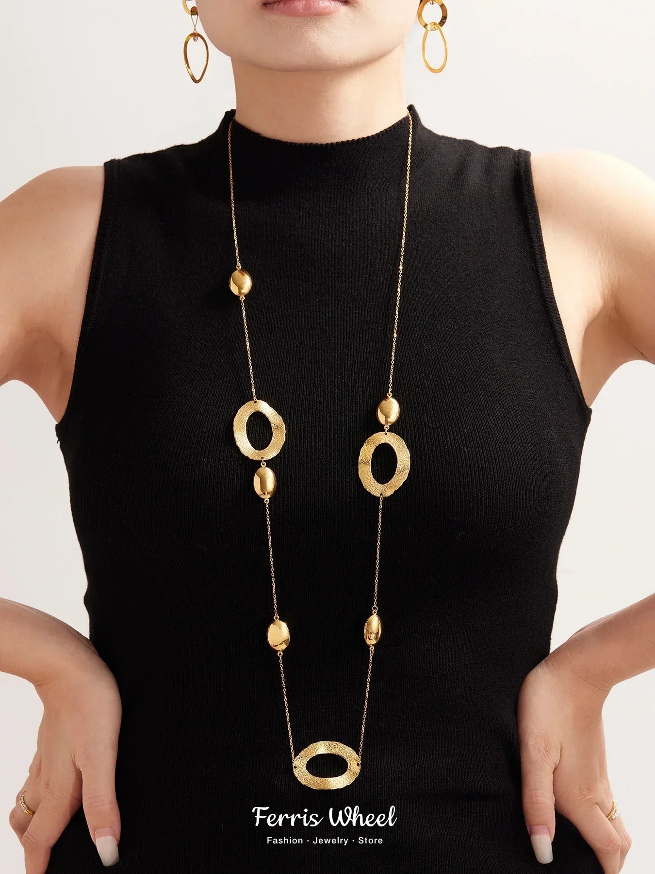 316 Stainless Steel Gold-Plated Long Necklace for Women 103cm Golden Chain Oval Pendant Layering Necklaces Luxury Jewelry - Luvia