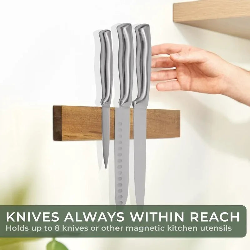16in Knife Magnetic Strip with Adhesive or Screws - Magnetic Knife Holder for Wall - made of Elegant Acacia Wood for Heavy Knife - Luvia