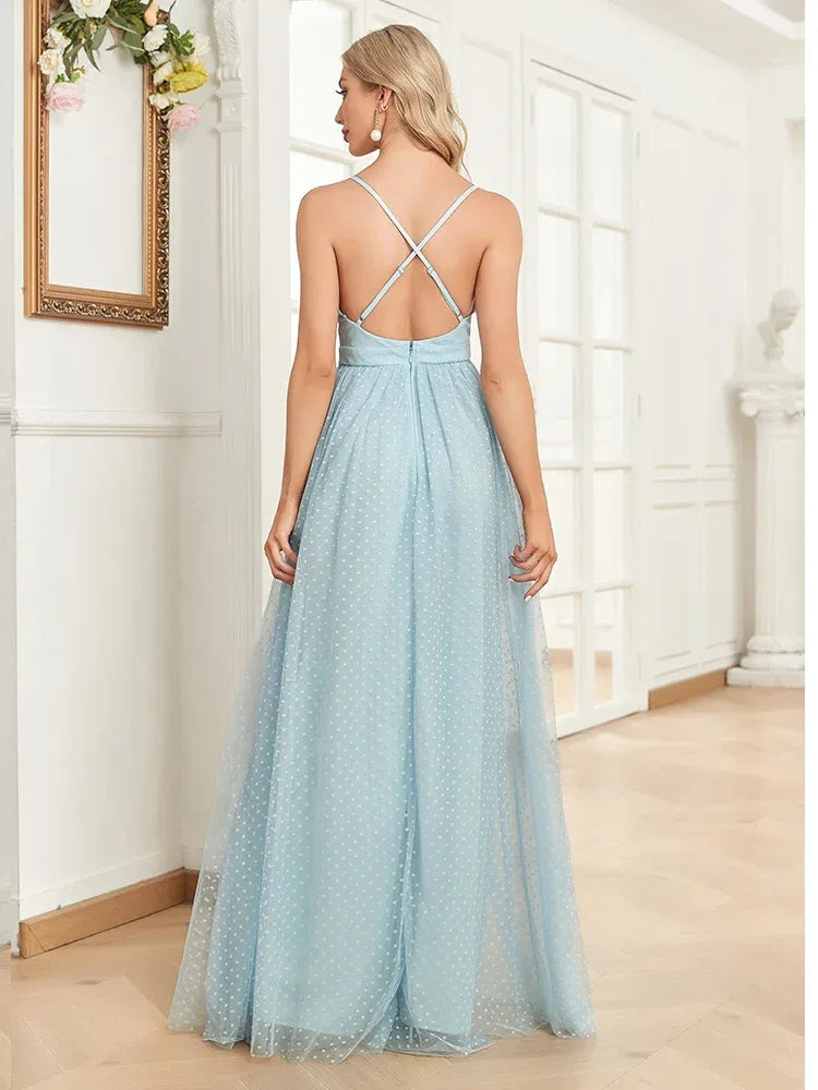 Elegant A-line Chiffon Evening Dresses Luxury Floor Lenght Backless Formal Deep V-neck Women Tulle Caicktail Wedding Party Gowns - Luvia