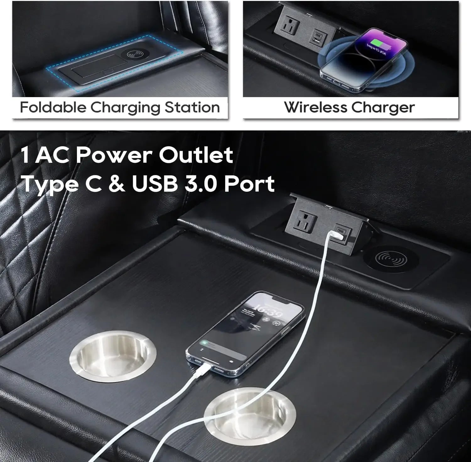 TODRANI Power Reclining Sofa 0 Gravity w/ Wireless Charger,LED Floor Lights,Reading Light, Drop-down Table USB/Type-C Port(070) - Luvia