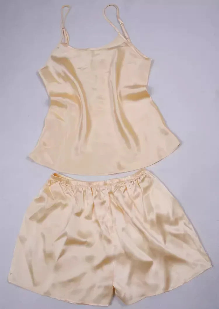 Women 100% Natural Silk 16 momme satin silk Camisole with Shorts Pajama Set Sleepwear M-2XL YM004 - Luvia