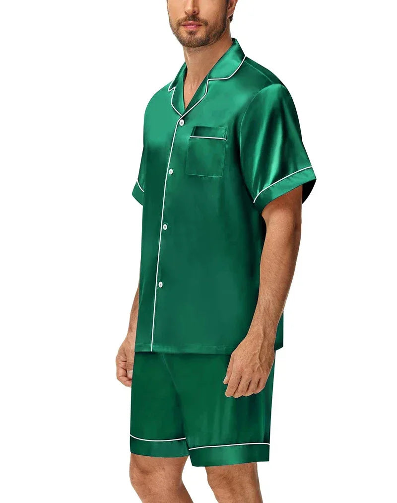 Men's Silky Satin 2Pcs Pajama Set Short-Sleeve Lapel Chest Pocket Shirt And Shorts Smooth Touch Soft Sleepwear Cozy Nightshirts - Luvia