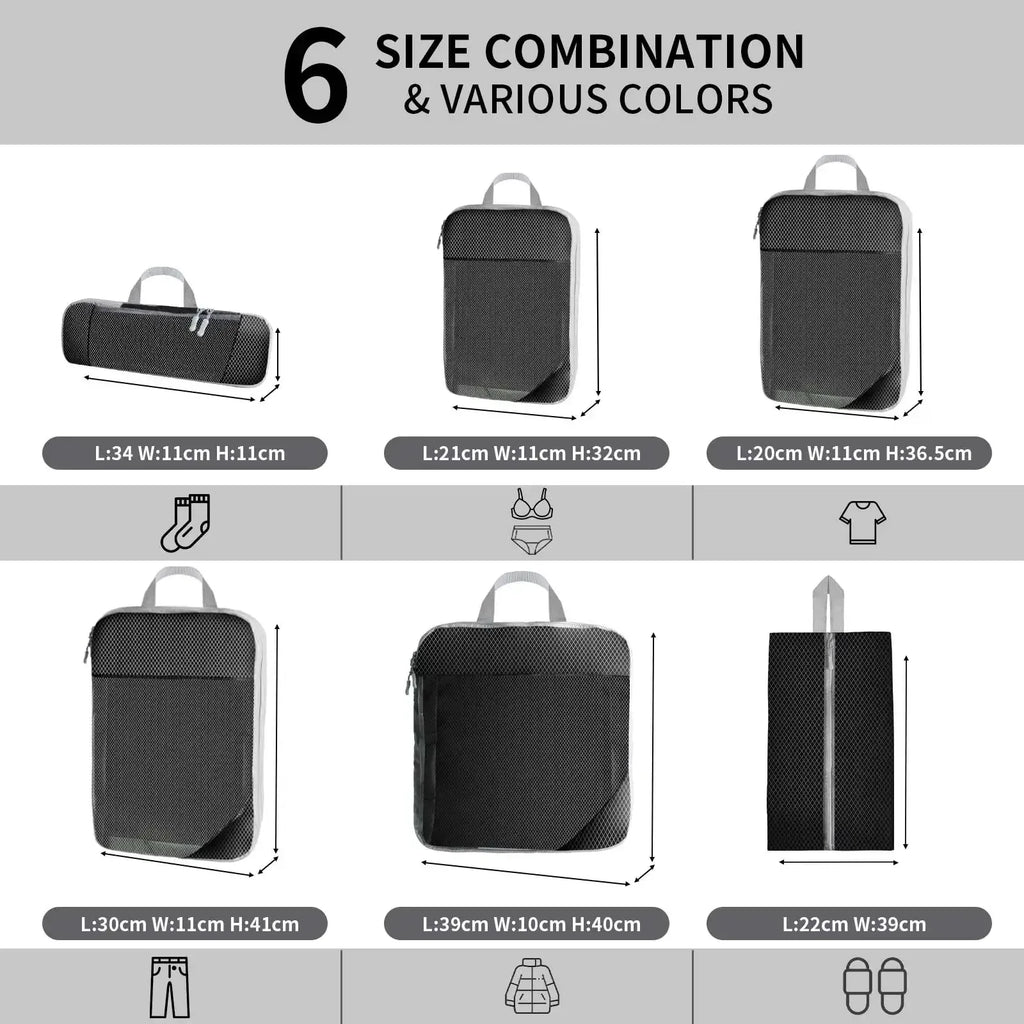 6Pcs Compression Packing Cubes Set for Travel Packing Cubes Compression Compressible Storage Bags for Carry On and Suitcases - Luvia
