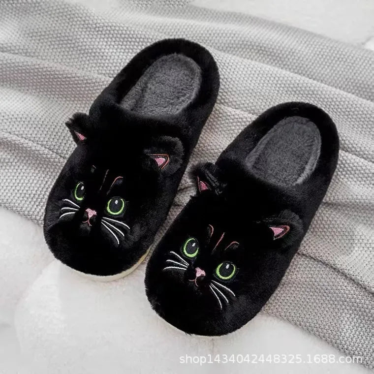 Winter Warm Slipper Women House Fuzzy Cat Cartoon Fur Plush Indoor Lazy Female Thermal Home Shoe Furry Funny Flat flip flop - Luvia