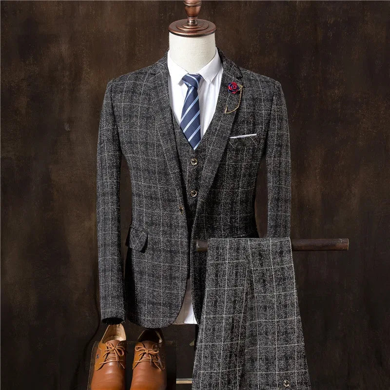 Formal Groom Wear 3 Piece (Blazer+ Vest + Pants) Men's Suit Fashion Business Gentleman Wedding Casual Plaid Cotton Linen Jacket - Luvia