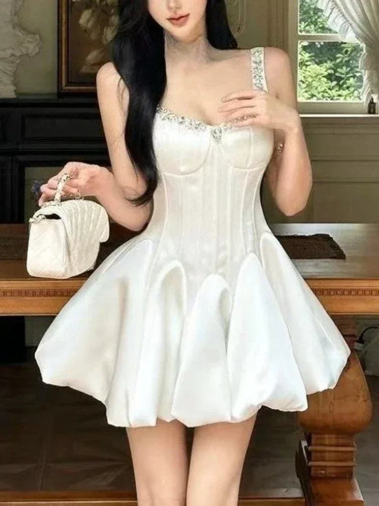 French Elegant Style Evening Party Short Dresses Women Vintage Rhinestone Strap Hepburn Dress Sweet Princess Clothing 2025 New - Luvia