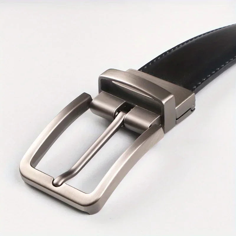 1pc Men's Leather Reversible Belt, Rotate Black Buckle - Luvia