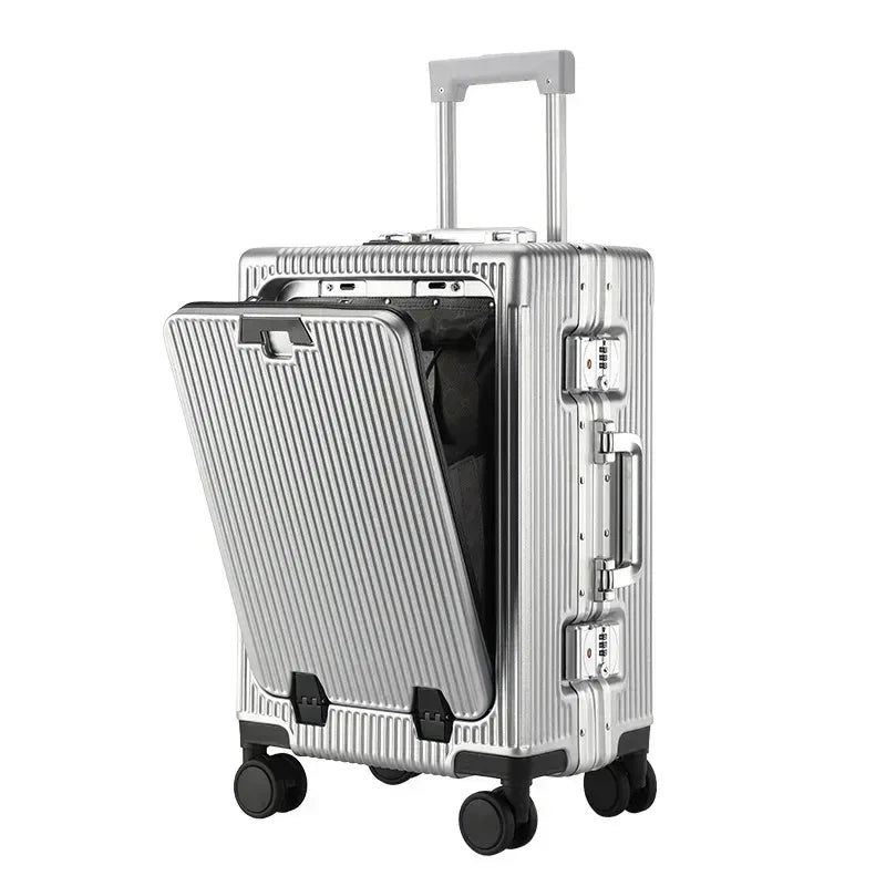 Front Opening Large Capacity Rolling Luggage Case Aluminum Frame ABS+PC Trolley Case Suitcase USB Charging Boarding Case - Luvia