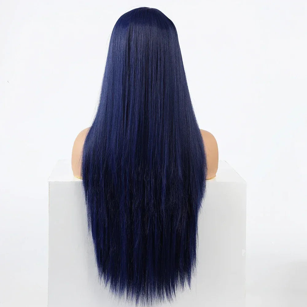 Synthetic Replacement Hair Wig With Bangs Blue Color Heat Resistant Wigs for Fashion Women - Luvia