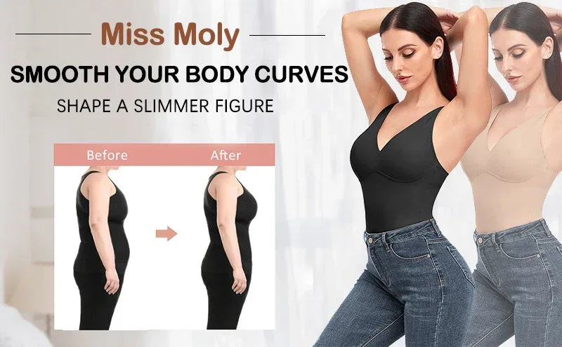 Shapewear Bodysuit Thong Body Shaper for Women Waist Trainer Corset Deep V Neck Slimming Underwear Built-in Bra Camisoles Tops - Luvia