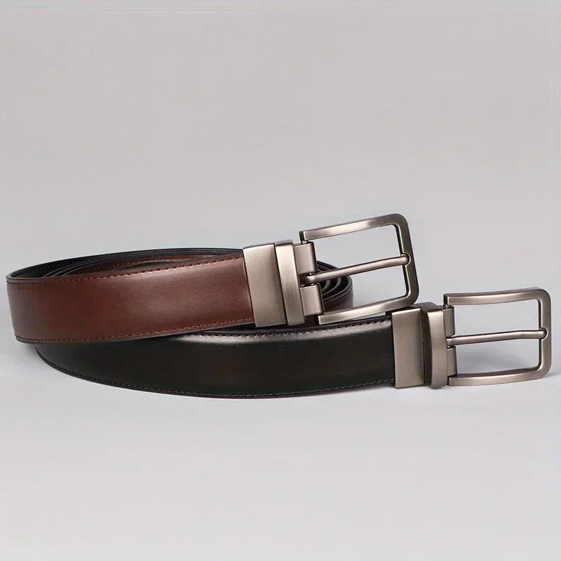 1pc Men's Leather Reversible Belt, Rotate Black Buckle - Luvia