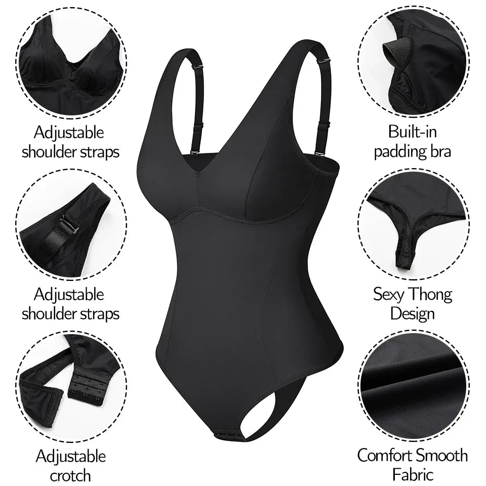 Shapewear Bodysuit Thong Body Shaper for Women Waist Trainer Corset Deep V Neck Slimming Underwear Built-in Bra Camisoles Tops - Luvia