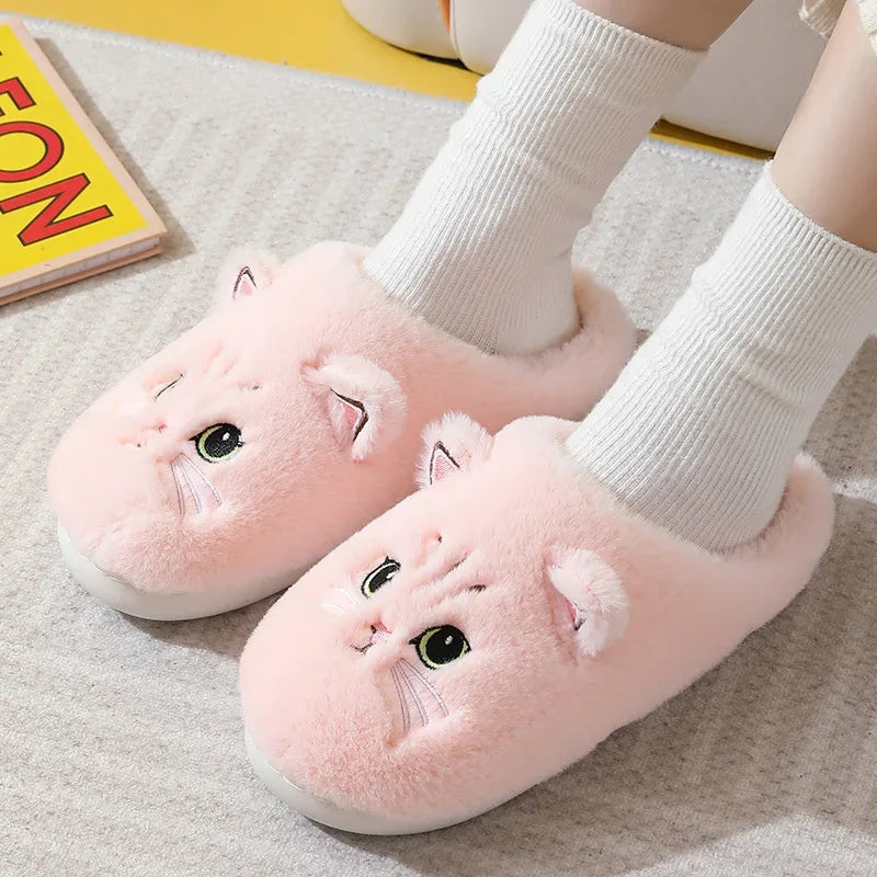 Winter Warm Slipper Women House Fuzzy Cat Cartoon Fur Plush Indoor Lazy Female Thermal Home Shoe Furry Funny Flat flip flop - Luvia