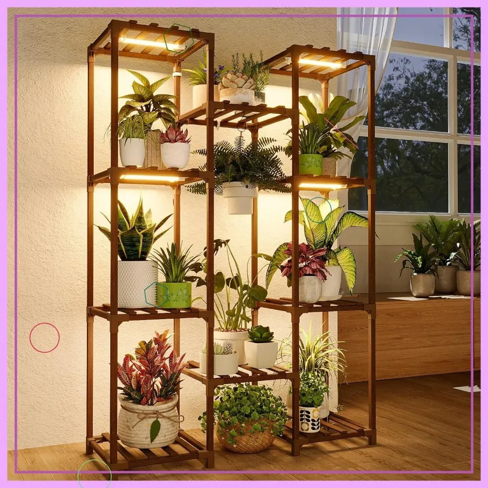 Multi-Tier Plant Stand with Grow Light, Large Wood Shelf for Indoor Outdoor Gardening Decor - Luvia