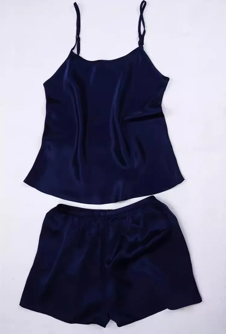 Women 100% Natural Silk 16 momme satin silk Camisole with Shorts Pajama Set Sleepwear M-2XL YM004 - Luvia