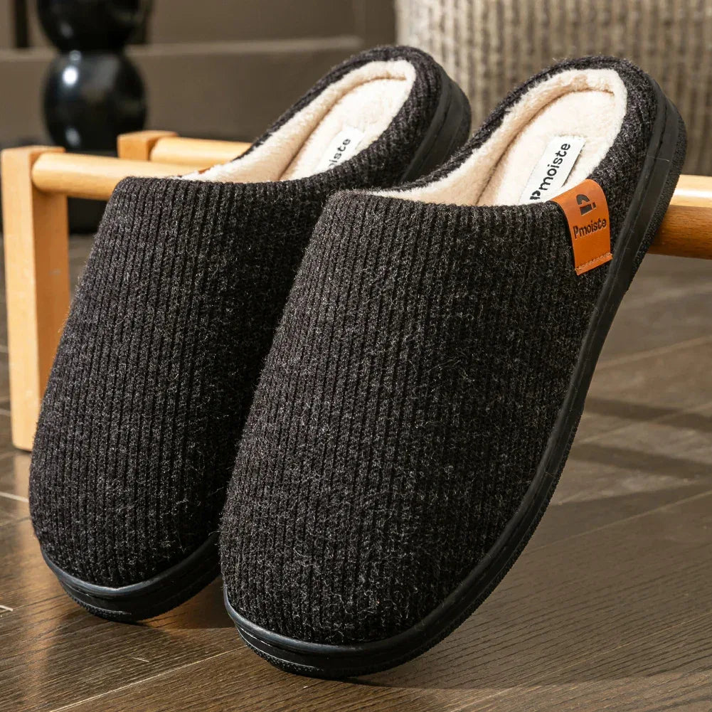 Memory Foam Cushion Slippers men Suede TPR Sole Platform Warm Soft Non Slip Stripe Comfortable Indoor Shoes Knited - Luvia