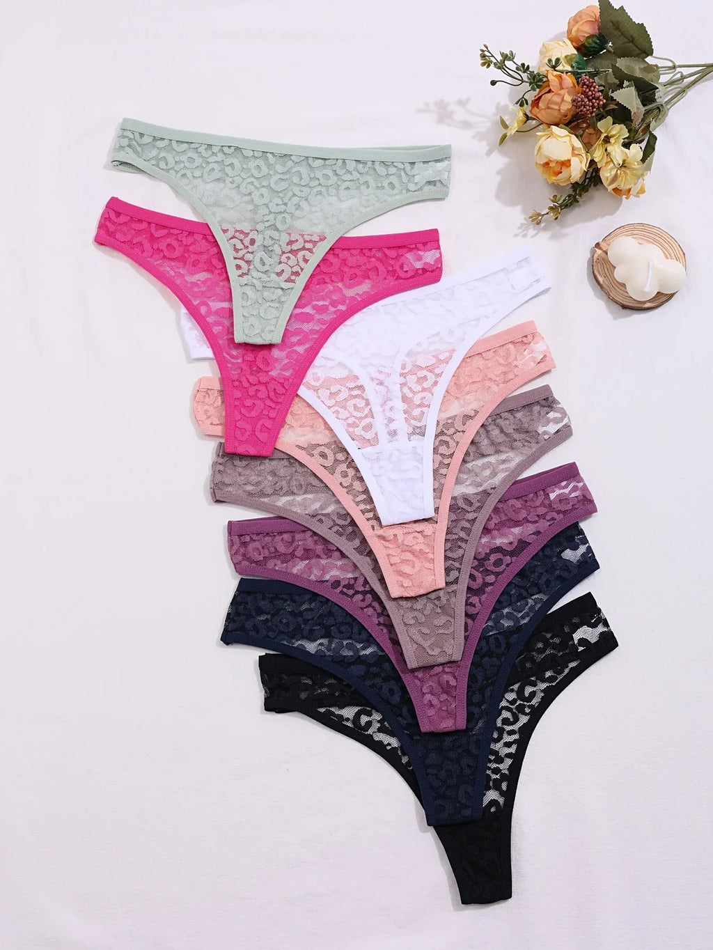 Set of 8 Sexy Lace Women'S Panties, Mid-Rise, Transparent Floral Design, Alluring Lingerie, Breathable Underwear. - Luvia