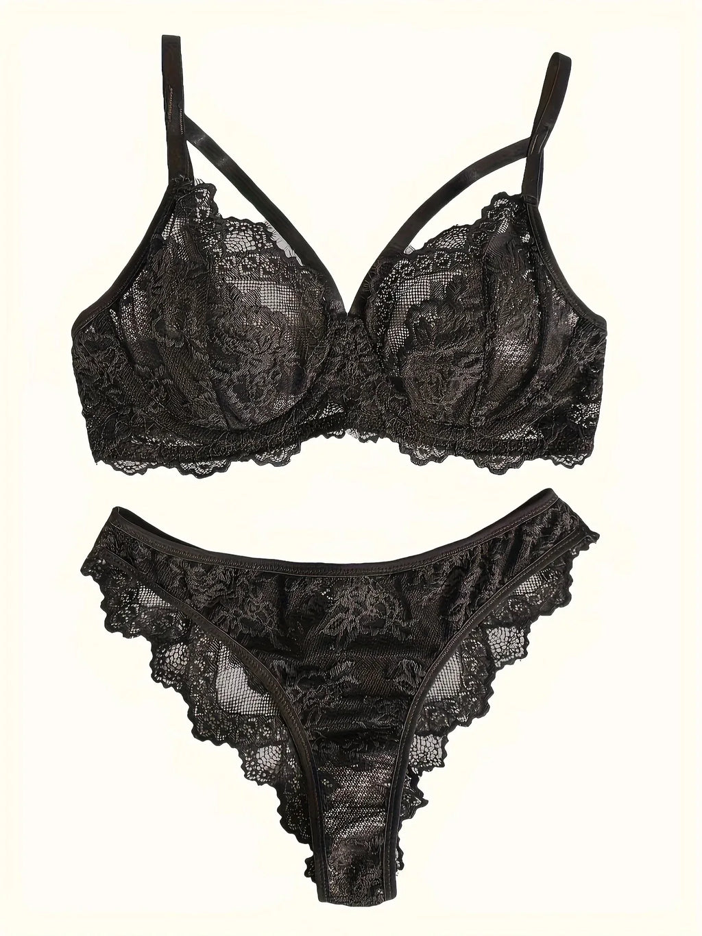 Sexy Lingerie Set, Floral Eyelash Lace Semi Sheer Underwire Bra & Briefs, Women's Lingerie & Underwear - Luvia