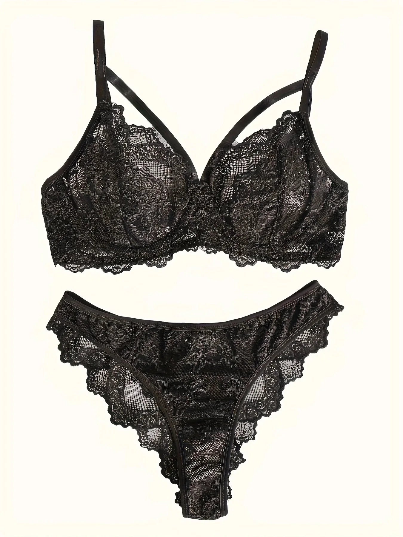 Sexy Lingerie Set, Floral Eyelash Lace Semi Sheer Underwire Bra & Briefs, Women's Lingerie & Underwear - Luvia