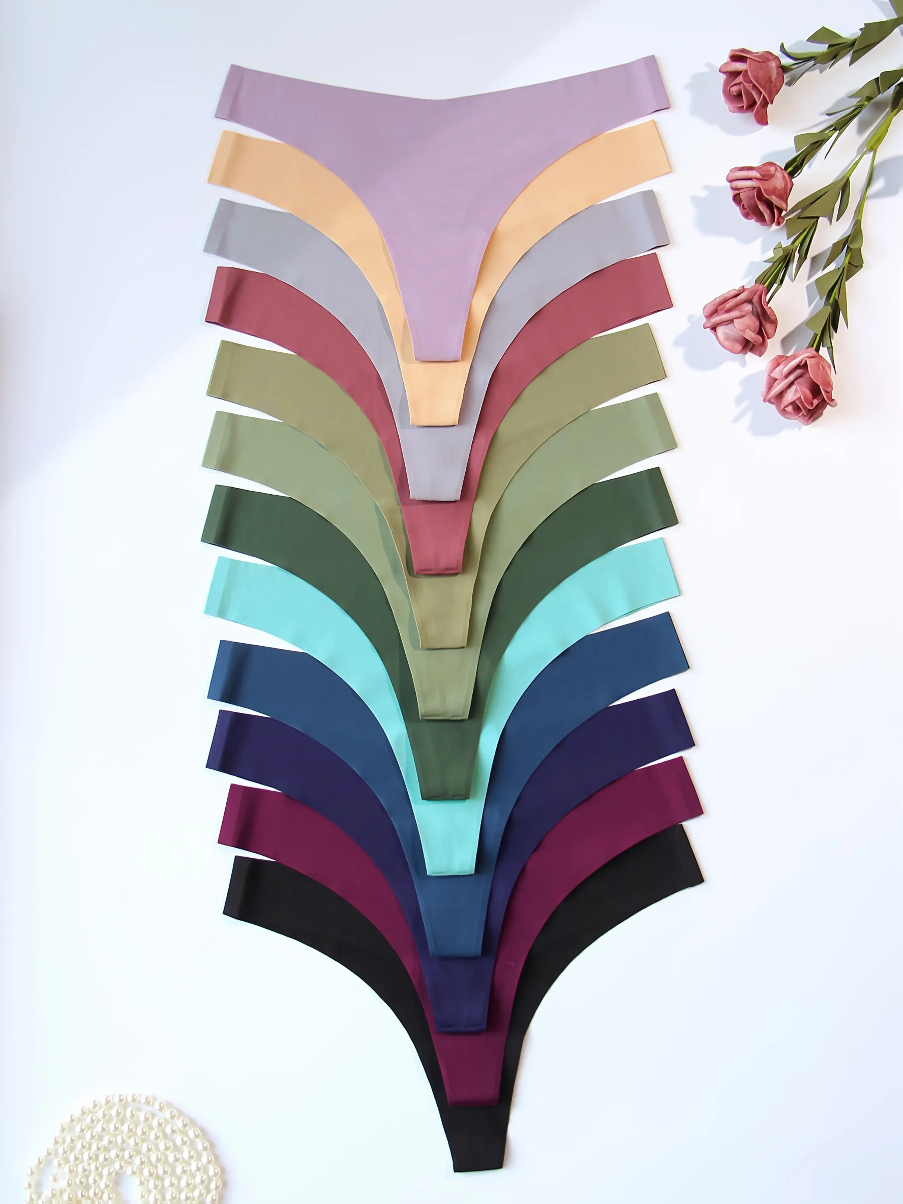 12pcs Set of Seamless V-Style Thongs for Women, Breathable Soft Nylon and Elastane Underwear, Non-Marked Solid Color, Comfortable Low Waist Design - Luvia